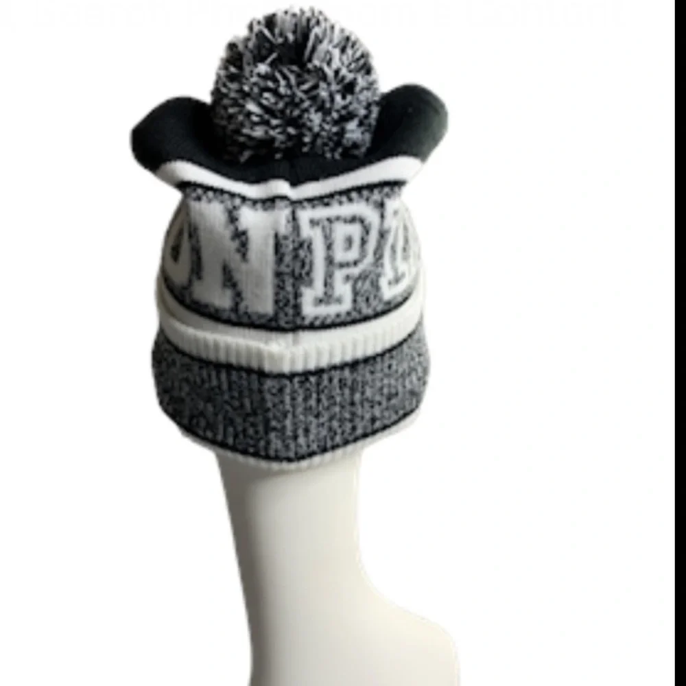 Victoria's Secret Lot Pink Nation Knit Beanies. Black White Gray Pom Logo